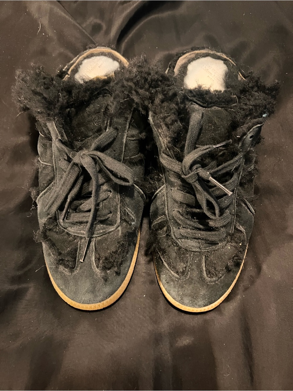 Maison Martin Margiela Black Suede Sneakers with Gum Sole and Shearling Trim - Picture 2 of 9
